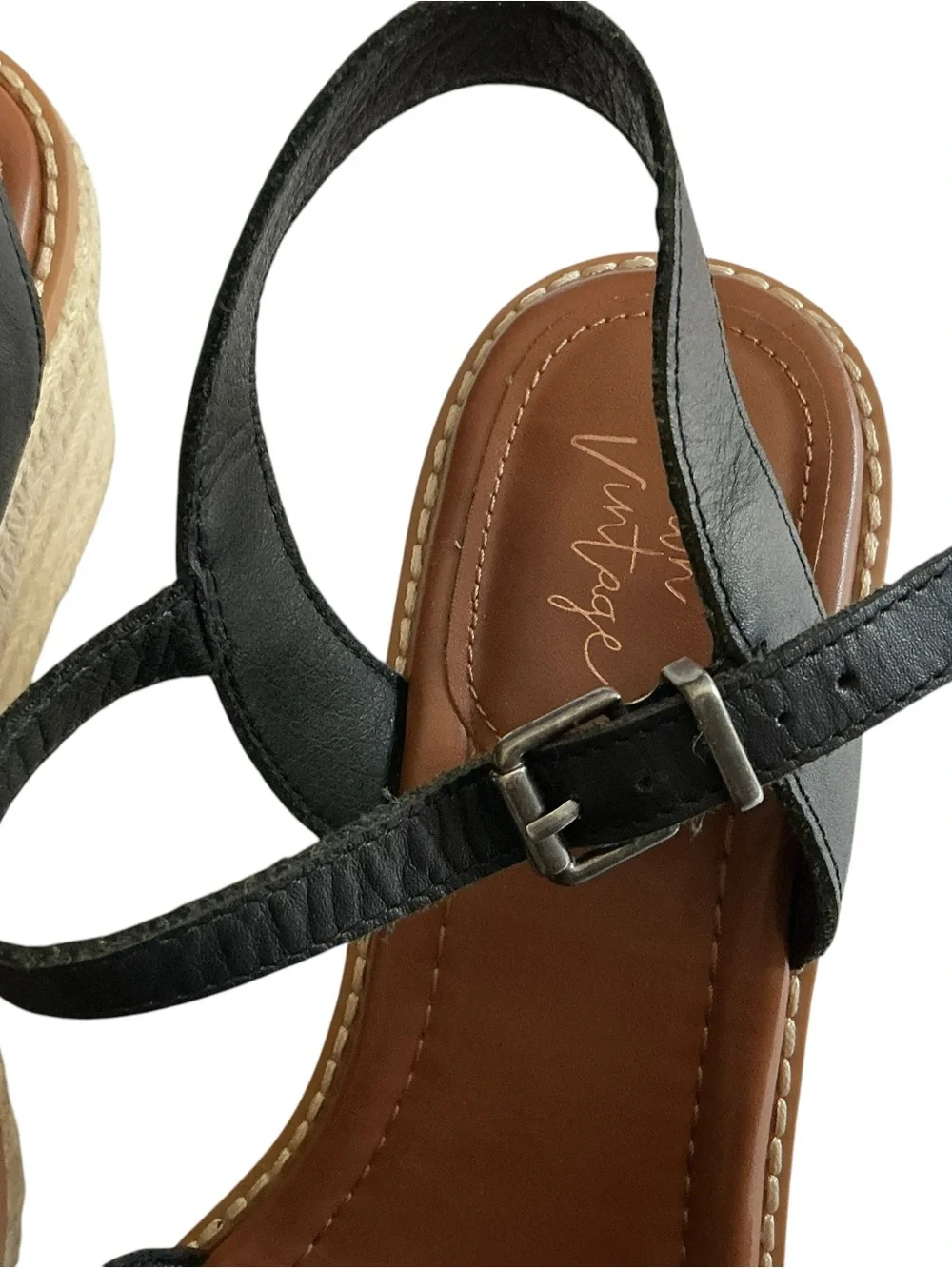Crown Vintage Hendra Espadrille Wedge Sandals Black Leather Strappy Size 8.5 M